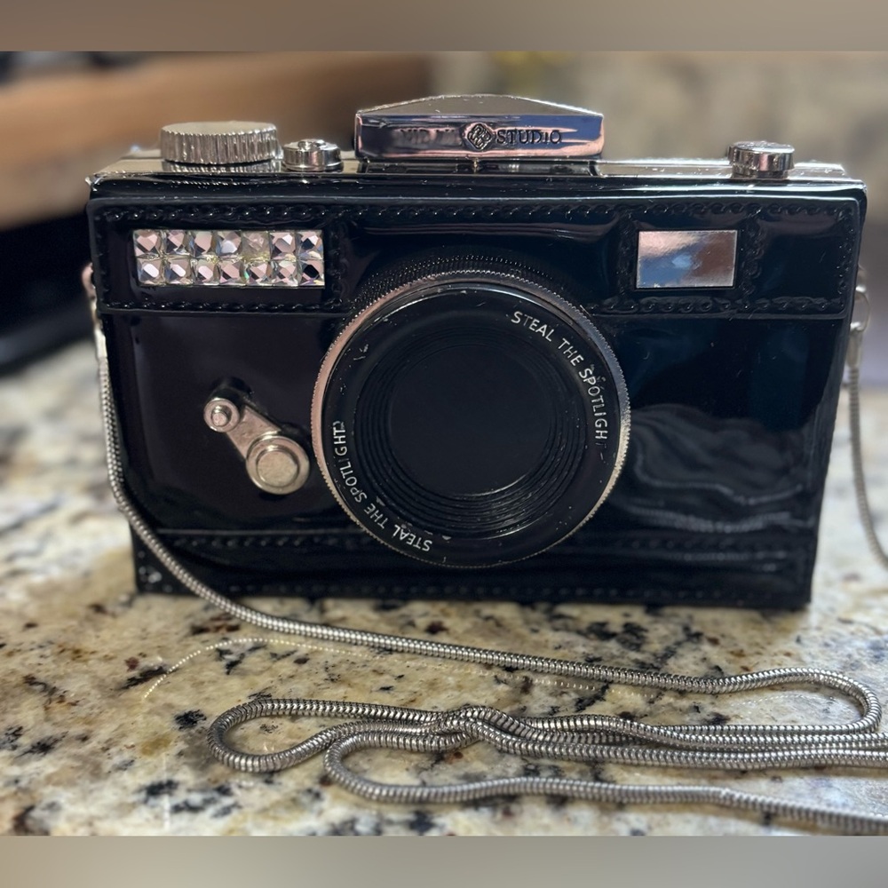 Unique and Fun Patent Black Camera Novelty small Handbag Preloved